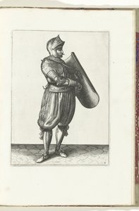 Gyakorlat a céltáblával és a karddal: a katona kissé előre tartja a céltáblát a kard megrajzolásához (4. sz.), 1618 A Nassausche Wapen-Handelinge, van Schilt, Kémek, Rappier és a célpont: Beyde Figuerlick ábrázolva, és az új rend szerint bekeretezve