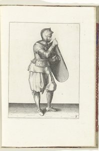 Gyakorlat a céltáblával és a karddal: a katona jobb kézzel tartja a céltáblát, bal kezével megragadja az övet (3. sz.), 1618 A Nassausche Wapen-Handelinge, van Schilt, Kémek, Rappier ende Targe : a figura ábrázolja, és a díszlet a alkotó: Adam van Breen
