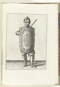 Fúró a céltáblával és a karddal: a katona a céltáblát a mellkasa elé, a kihúzott kardot a bal vállához tartja (6. sz.), 1618 A Nassausche Wapen-Handelinge, van Schilt, Kémek, Rappier és a Célpont: Beyde Figuerlick ábrázolva, ende keretezve alkotó: Adam van Breen