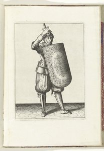 A fúró a céltáblával és a karddal: hogyan zárja le a katona sisakjának védőszemüvegét a céltáblával és a kirajzolt karddal a kezében (7. sz.), 1618 A Nassausche Wapen-Handelinge, van Schilt, Kémek, Rappier és a célpont: Beyde figuerlick ábrázolva, és a