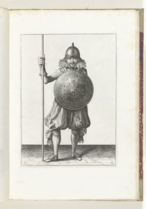 A gyakorlat pajzzsal és lándzsával: a katona háromszor visszateszi a lándzsát nyugalmi helyzetbe, harmadik mozdulat (12. sz.), 1618 A Nassausche Wapen-Handelinge, van Schilt, Kémek, Rappier és a Célpont: Beyde Figuerlick ábrázolva, ende keretezve alkotó: Adam van Breen