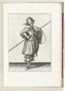 A pajzs és tüske gyakorlat: A katona két alkalommal húzó helyzetbe hozza a tüskét, első mozdulat (13.), 1618 A Nassausche Wapen-Handelinge, van Schilt, Kémek, Rappier és a Célpont: Beyde Figuerlick ábrázolva, ende az új után keretezve alkotó: Adam van Breen