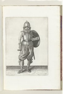 Gyakorlat pajzzsal és lándzsával: a katona bal karjával visszahozza a pajzsot a hátára (26. sz.), 1618 A Nassausche Wapen-Handelinge, van Schilt, Kémek, Rappier ende Targe : a figura ábrázolja, és az új sorrend szerint [of] (..