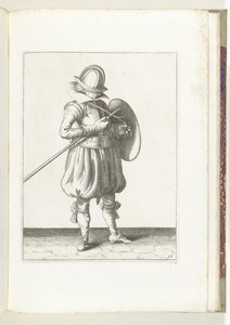 A pajzs és tüske gyakorlat: A katona testéhez közel tartja a tüskét és a pajzsot (15. sz.), 1618 A Nassausche Wapen-Handelinge, van Schilt, Kémek, Rappier és a célpont : figuerlick beyde ábrázolva, és az új rend szerint bekeretezve [of] (...) Maurit alkotó: Adam van Breen