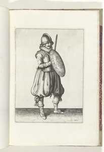 A pajzs és tüske gyakorlat: A katona figyelemre méltó fegyverével és pajzsával a láda előtt (20. sz.), 1618 De Nassausche Wapen-Handelinge, van Schilt, Kémek, Rappier és a célpont: beyde figuerlick ábrázolva, az új sorrend szerint keretezve (.