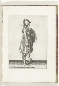 A pajzs és tüske gyakorlat: A katona a pajzzsal készen és a tüskés a földön a jobb lába mellett (17. sz.), 1618 A Nassausche Wapen-Handelinge, van Schilt, Kémek, Rappier és a Célpont: Beyde Figuerlick ábrázolva, ende az új után keretezve