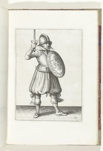A pajzs és tüske gyakorlat: A katona kézzel mutatja be karóját az arcánál nem magasabbra (19. sz.), 1618 A Nassausche Wapen-Handelinge, van Schilt, Kémek, Rappier és a célpont: Beyde Figuerlick ábrázolva, és az új rend szerint bekeretezve