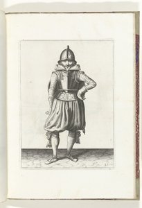De exercitie met schild en spies: de soldaat staande in rust met het schild op de rug (nr. 27), 1618 De Nassausche Wapen-Handelinge, van Schilt, Spies, Rappier ende Targe : beyde figuerlick afgebeelt, ende gestelt na de nieu ordening [van] (...) Maurits v alkotó: Adam van Breen