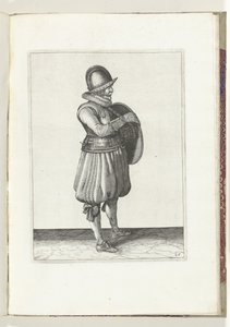 A pajzs és tüske gyakorlat: A katona kihúzza a karját a pajzsövből (25. sz.), 1618 A Nassausche Wapen-Handelinge, van Schilt, Kémek, Rappier és a célpont : Beyde Figuerlick ábrázolva, és az új rend szerint bekeretezve [a] (...) Maurits alkotó: Adam van Breen