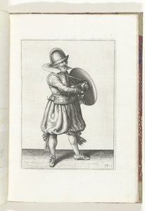 A pajzs és tüske gyakorlat: A katona a pajzsa mögül kihúzza a rapírját (18. sz.), 1618 A Nassausche Wapen-Handelinge, van Schilt, Kémek, Rappier és a célpont : beyde figuerlick ábrázolva, és az új rend szerint bekeretezve [of] (...) Maurits v. alkotó: Adam van Breen