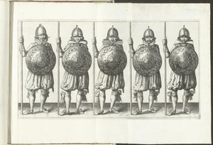 A pajzs és tüske gyakorlat: Öt katona egymás mellett áll a földön nyugvó toronnyal a jobb kezében és a pajzzsal a mellkas előtt (31. sz.), 1618 A Nassausche Wapen-Handinge, van Schilt, Kémek, Rappier andde Cél: beyde f