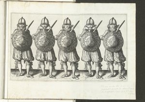 A pajzs és tüske gyakorlat: Öt katona egymás mellett áll a jobb kézben lévő Rapierrel és a pajzzsal a mellkas előtt (32. sz.), 1618 A Nassausche Wapen-Handelinge, van Schilt, Kémek, Rappier andde Targe: Beyde Figuerlick ábrázolva alkotó: Adam van Breen