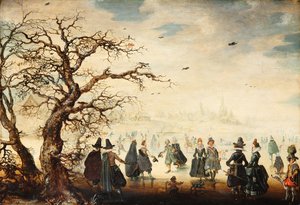 Német: Wintervergnügen Téli tájkép elegáns alakokkal korcsolyázva