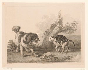 Kutya és macska harci állásban egymás ellen Állatok holland mesterek festményei után (sorozat címe) Différens animaux graves d