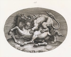 A római nagyszerűség tükre: Oroszlán megtámad egy lovat, 1540-80.