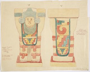 Caryatid a külső kamrából, Jaguárok felső temploma (A templom), labdapálya, Chichen Itza (akvarell) alkotó: Adela Breton