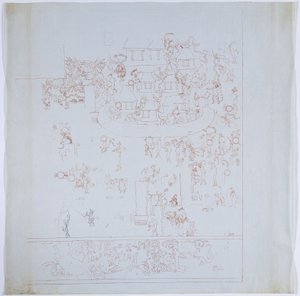 Egy teljes falfestmény másolata a nyugati falról, a Jaguárok felső temploma, Chichen Itza, Mexikó Belső kamra a nyugati falon Piros tintával rajzolva (vörös és fekete tintával és grafittal) alkotó: Adela Breton