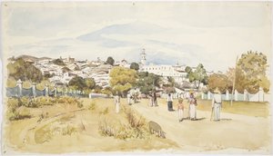 Férfiak, nők és gyerekek sétálnak egy úton, a háttérben egy falu, Jalapa (Xalapa) Veracruz, Mexikó (akvarell) alkotó: Adela Breton
