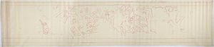 Egy falfestmény körvonala a nyugati falról, a Jaguárok felső temploma, Chichen Itza, Mexikó (vörös tus és   grafit) alkotó: Adela Breton