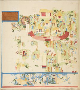 Falfestmény negyedléptékű másolata a nyugati fal északi végéről, Jaguárok felső temploma, Chichen Itza, Mexikó (akvarell) alkotó: Adela Breton