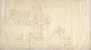 A Casa de Monjas, Chichen Itza, Mexikó falfestményének nyomkövetése Fekete-piros tintával (vörös és fekete tinta és grafit) nyomon követve és átfestve alkotó: Adela Breton