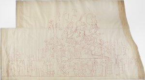 Egy falfestmény nyomon követése a déli boltozat mennyezetéről, Jaguárok felső temploma, Chichen Itza, Mexikó    (piros tinta) alkotó: Adela Breton