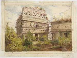 Chichen Itza romjai, Yucatan, Mexikó Az Iglesia nyugati homlokzatát ábrázolja (akvarell)