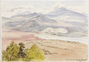 Kilátás a Cerro del Calvario, Patzcuaxo felől a papír egyik oldalán, a másikon az ősi erőd és a kőhalmok, az Iguatcho Cerro del Calvarioból, Patzcuaro, Michoacan, Mexikó (akvarell) alkotó: Adela Breton