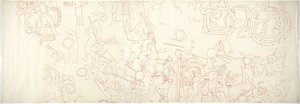 déli fal, Jaguárok felső temploma, Chichen Itza, Mexikó északi központi negyede (vörös tinta és grafit) alkotó: Adela Breton