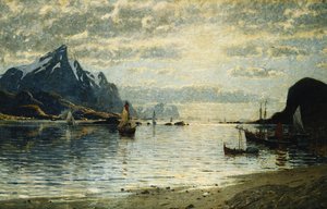 Fjord-jelenet vitorlás hajókkal,