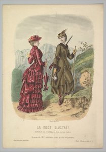 Egy vadászjelmezben lévő hölgy egy sétaruhás hölggyel egy hegyi ösvényen a La Mode-ból..., 1881. alkotó: Adèle Anaïs Colin