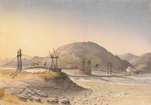 "Bőrből készült (de lánccal javított) függőhíd a Maypu folyó felett, Santiagótól öt mérföldre délre, Chile, 1851. január 11.