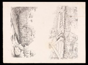 A Stang törzs faluja, Sarawak, Borneó; és egy folyón átívelő rúdhíd a nyugat-indiai, észak-amerikai és borneói albumból, 1845 körül (litográfia). alkotó: Admiral Sir Edward Gennys Fanshawe