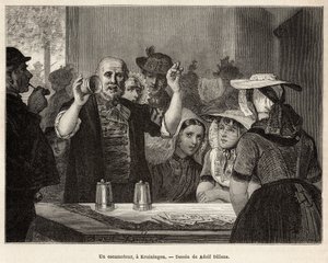 Egy kruiningeni fogadóban egy visszahúzó a figyelmes nézők előtt készíti el számát, amelyet Adolf Dillens 1873-as Zelande-i (Neerlande) rajza után vésett, Charles de Coster, „Le tour du monde” ” 1874, szerkesztve