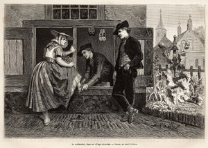 Egy zélandi faluban egy cipész kipróbáltat egy fiatal nőt egy cipőben egy fiatal férfi kíséretében, Adolf Dillens 1873-as Zelande-i (Neerlande) utazását illusztráló rajza alapján, Charles de Costertől, megjelent a „Le tour du monde” 1874,