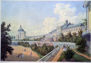 Oranienbaum (Oranienbaum királyi rezidencia) nagy palotája, amely Szentpétervár agglomerációjában, Lomonossovban található (a nagy Oranienbaum palota). Adolf Bezemann (1806-1867) festménye. Akvarell papíron alkotó: Adolf Besemann
