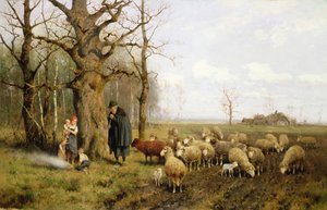 Gyermekek pásztorral és juhok a tájban (olaj, vászon) alkotó: Adolf Ernst Meissner