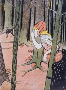 Piroska látja a farkast az erdőben, illusztráció a Jugendből, amely 1896-ban jelent meg Münchenben alkotó: Adolf Hofer
