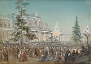 ""A Tsarskoe Selo Railroad 25. évfordulójának megünneplése a Pavlovszki pályaudvar hangversenytermében" Adolf Charlemagne (1826-1901), gouache kartonon