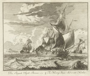 Heringcső hazahajózik, 1725 körül Den Buysch Seyld Binnen / The Herring Busse Sails in Barbou (cím a tárgyon) Groote Vissery (sorozat címe)