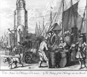 „A heringek hordókba csomagolása” (a heringhalászat-sorozat 12. száma) alkotó: Adolf van der Laan