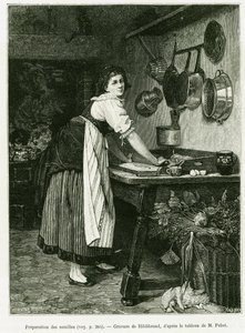 Tészta elkészítése. Hildibrand metszet az Elzászon és Lotaringián keresztül című történet illusztrálására 1887-ben, Charles Grad német deputer, a tour du monde 1888-ban, rendezte Edouard Charton (1807-1890), Hachette, Párizs. alkotó: Adolf von Hildebrand