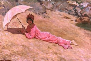 Lány a tengerparton fekvő rózsaszín napernyővel (olaj, vászon)