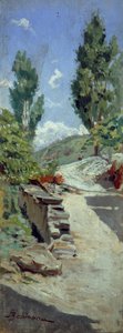 Út a hegyekben, Adolfo Belimbau (1845-1938), olaj, panel, 23x9 cm