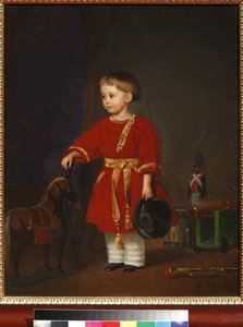 ""Piros ruhás fiú portréja katonai játékokkal" Adolf Jebens (1819-1888) festménye 1849 Művészeti és pedagógiai játékmúzeum, Sergiyev Posad alkotó: Adolph Gebens