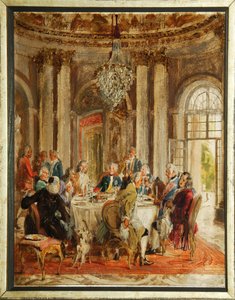 II. Porosz Frigyes (1712-1786) kerekasztala Voltaire-rel (Francois-Marie (Francois Marie) Arouet de Voltaire-rel (1694-1778) és Christoph Ludwig von Stille-vel (1696-1752) a Sanssouci-palotában, Adolph Friedch-ben - Adolph Sketch Menzel (1815-1905), olaj alkotó: Adolph Menzel