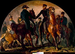 Gebhard Leberecht von Blucher (1742-1819) és Arthur Wellesley Wellington (1769-1852) találkozása a La Belle Alliance-i csatában (1815). Menzel Adolf festménye (1815-1905) Ec. Minden alkotó: Adolph Menzel