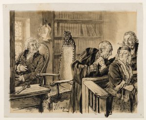 Ádám titokban beszél Évával. Licht hallgatózik. A bírósági tanácsos visszahívja Ádámot a bírói székre. Heinrich von Kleist: A törött kancsó alkotó: Adolph Menzel
