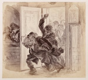 Adam, akit Ruprecht megvert, kirohan a tárgyalóteremből; Eve és a többiek a háttérből nézik az eseményt, Heinrich von Kleist „A törött kancsó” című művéhez alkotó: Adolph Menzel