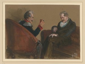 Egy idősebb tiszt és egy civil egymással szemben ülve beszélgetnek alkotó: Adolph Menzel